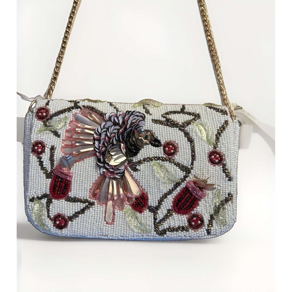 New TJ Maxx Beaded Hummingbird Handmade Ivory Sequin Floral Shoulder Bag